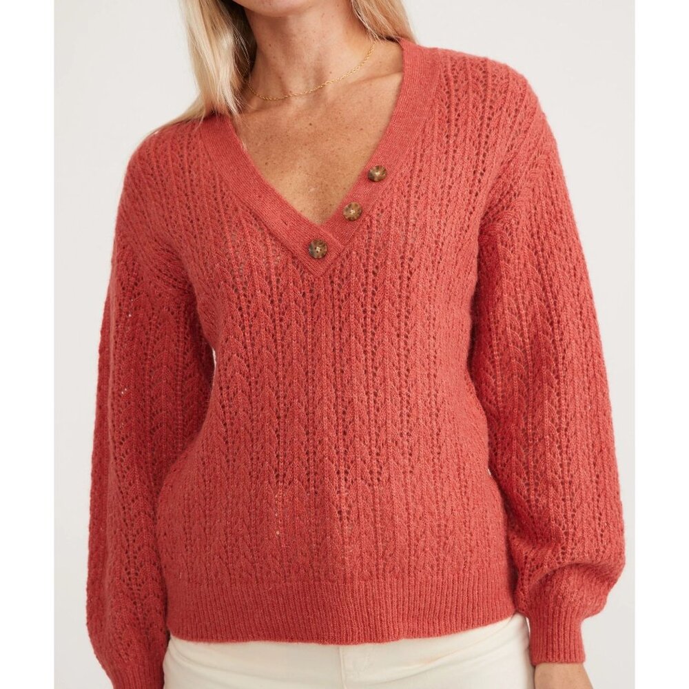 Marine Layer Womens XL Evelyn Pointelle Sweater in‎ Mineral Red V Neck Knit